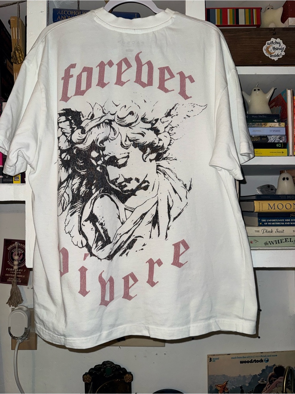 PacSun White Short Sleeve Tee with Pink Gothic 'Forever' and Black Angel Print